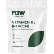 Padeda palaikyti normalią energijos apykaitą, nervų sistemos veiklą bei odos būklę Niacinas (vitaminas B3) RAW POWDERS 500 mg., 60 kaps. | Mano Vaistinė