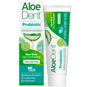Su probiotikais (be fluoro), saugo dantis ir dantenas nuo apnašų ir karieso susidarymo.  Dantų pasta su probiotikais ALOEDENT, 75 ml | Mano Vaistinė