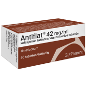 Vaistas spazmams sumažinti Nuo dujų susidarymo žarnyne ANTIFLAT 42 mg, 50 kramtomūjų tablečių | Mano Vaistinė