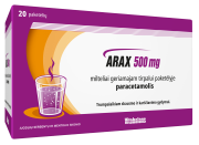 Milteliai geriamajam tirpalui paketėlyje nuo karščiavimo ir skausmo ARAX 500 mg, 20 vnt. | Mano Vaistinė