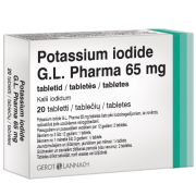 Tabletėje yra 65 mg kalio jodido Kalio jodidas POTASSIUM IODIDE G. L. PHARMA, 65mg, 20 tab. | Mano Vaistinė