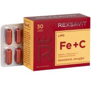 Padeda mažinti pavargimo jausmą ir nuovargį bei palaikyti normalią imuninės sistemos veiklą Geležis + vitaminas C REXSAVIT LIPO, 30 kaps. | Mano Vaistinė